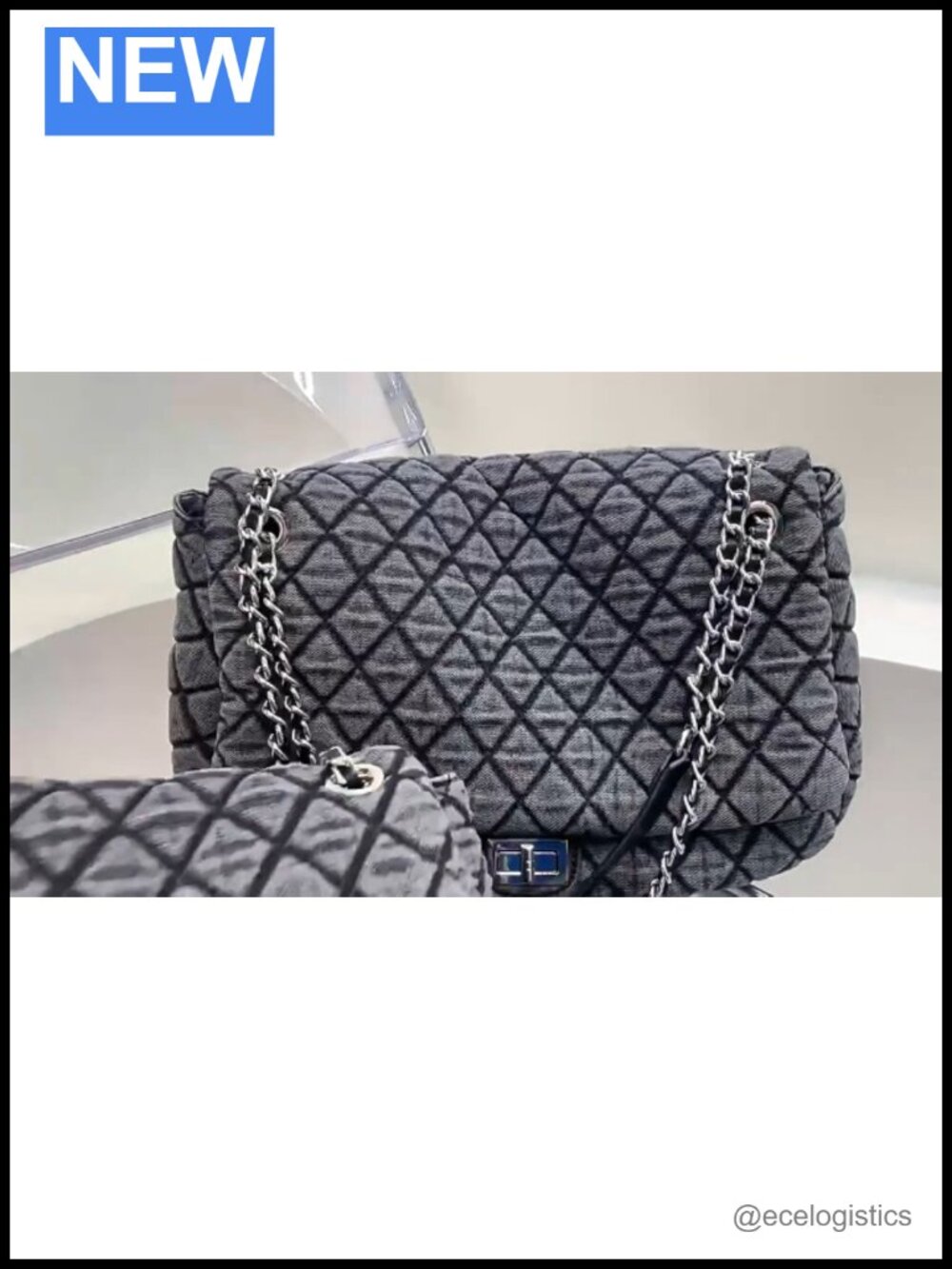 Washed Denim Tote Bag Retro Diamond Quilted Chain Strap Handbag - Picture 6 of 6
